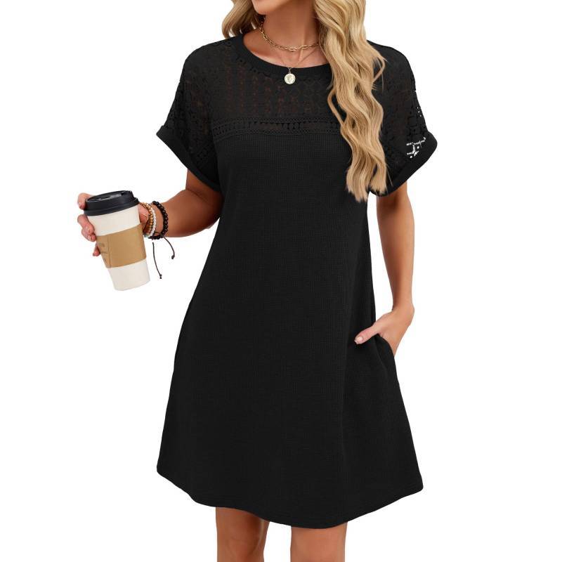 Dress Short Sleeve Lace Panel A Line For Casual Wear