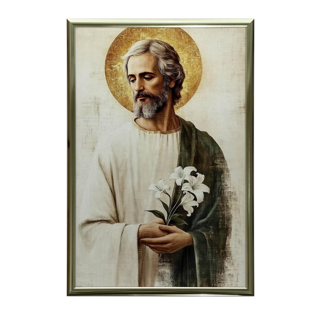 Święty Józef Z Bukietem Lilii Święty Józef Z Bukietem Lilii, 30X40 Cm, Rama Aluminiowa Złota, Papier Matowy 230 Gsm