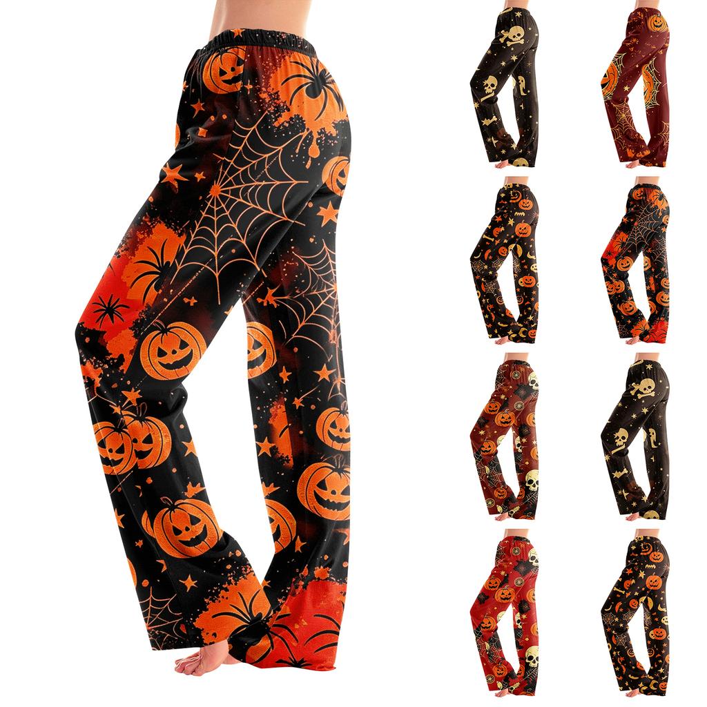 Adult Halloween Print Loose Fit Pajama Pants with Elastic Waist No Drawstring