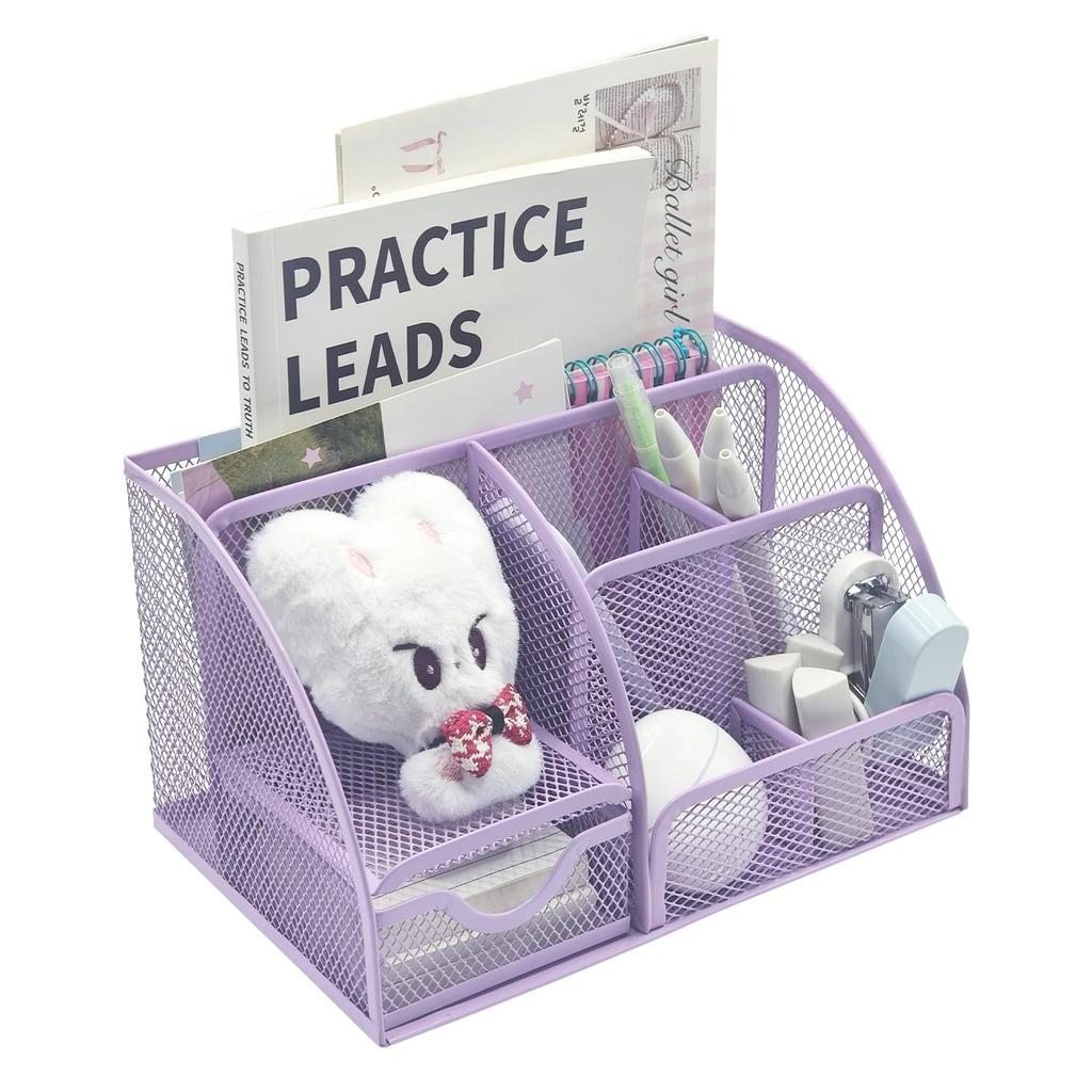 Reviday Steel Desk Organizer with Metal Mesh Drawers, Pen Holder, Remote Control Holder, and Stationery Storage Box, Purple