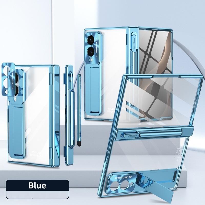 For Samsung Z Fold 8 Ultra / 7 6 5 4 3 Transparent Plating PC Hinge Protection Full Body Stand Pen Slot Case with Tempered Glass