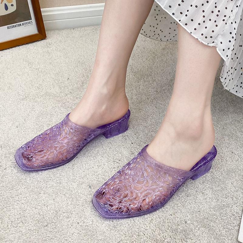 Modieuze Bloem Slippers voor Dames in de Zomer, met Kristallen Dikke Hak en Jelly Transparante Antislip en Hoogte Verhogende Neus