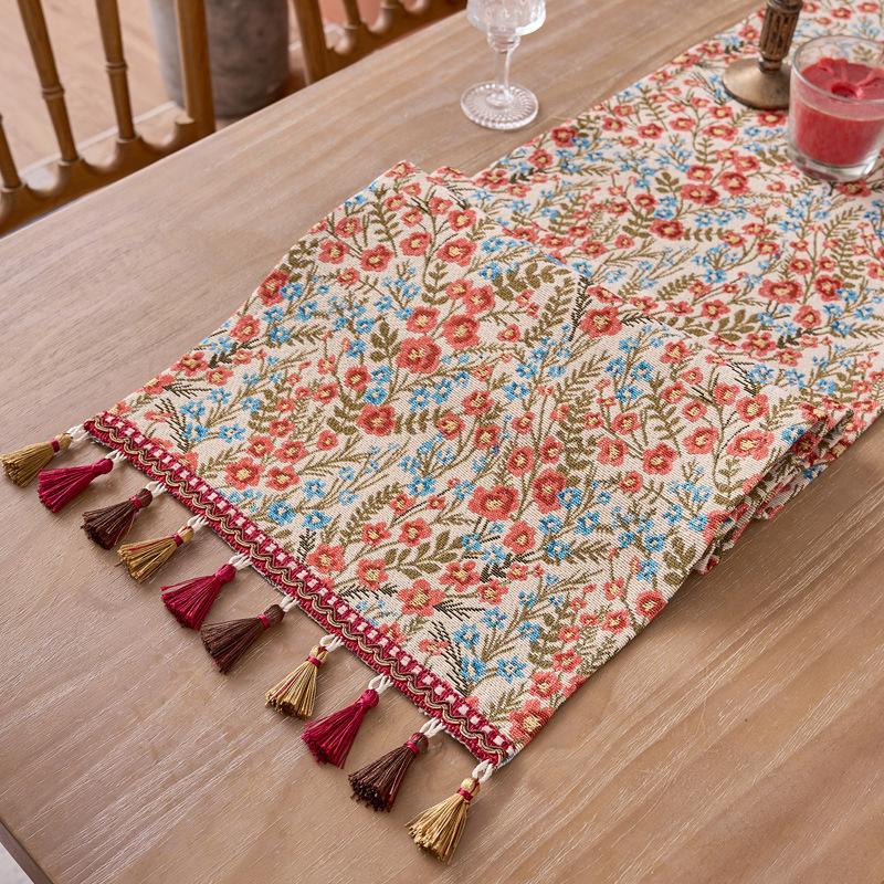 Floral Table Runner Spring Vintage Rose with Leaves Tassels Farmhouse Table Runners Decor for Dining Kitchen Table Wedding