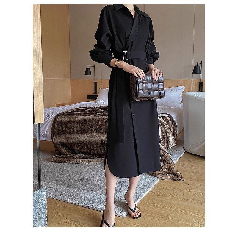 

Chubby Girl Belt Shirt Collar below the Knee Long Sleeve Dress Black XL