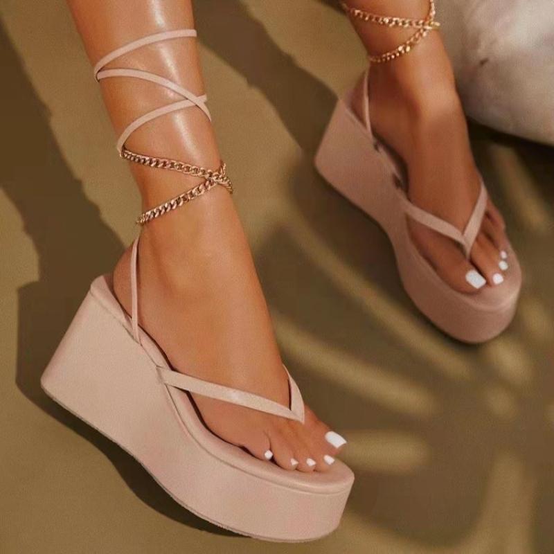 Women High Heel Sandals 8CM Wedge Platform Cross Strap Metal Chain Flip Flops Sexy Summer Street Party Casual Slippers Sandalias