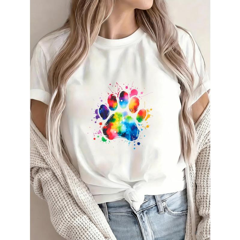 Crew Neck T Shirt White Rainbow Paw Print Design For Casual Wear