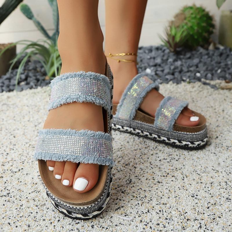 Women’s Double Strap Cork Platform Sandals with Rhinestone Buckles, Thick Sole, Summer Casual Wear