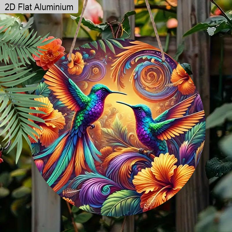2D Flat 1pc Vintage Colorful Hummingbird Aluminum Sign Round Ornament, Home Office Garden Courtyard Living Room Balcony Decor, Indoor/Outdoor Door