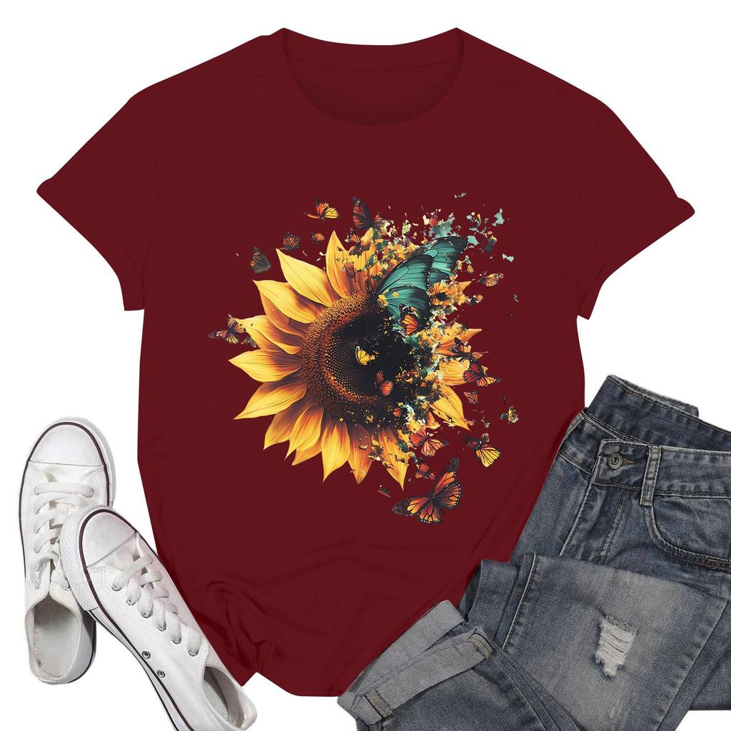 Women's Fashion Casual Printed Short Sleeve Round Neck Pullover Tops