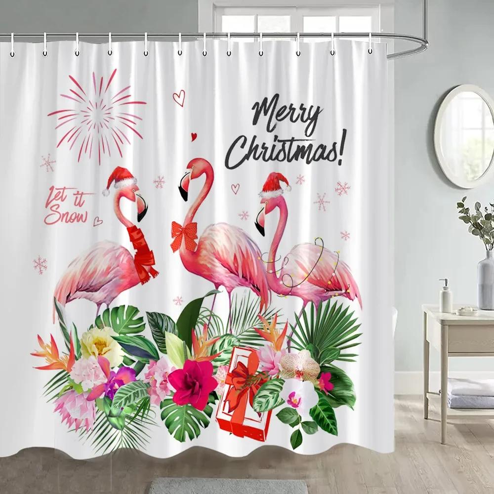Funny Flamingo Christmas Shower Curtain Winter Forest Cedar Snowflake Nature Snow Scene New Year Xmas Bathroom Decor With Hooks