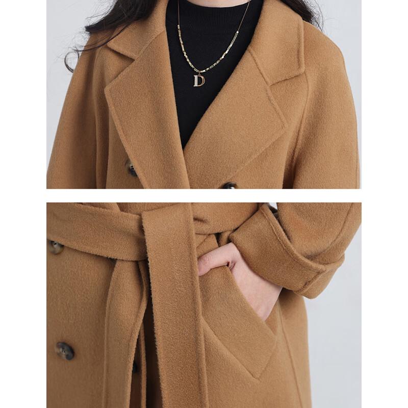 Fengxun Women's Long Double-faced Wool Coat with Belt