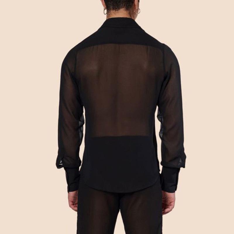 Men's European-Size Black Sheer Chiffon Slim Fit Shirt - Breathable Casual Nightclub Top