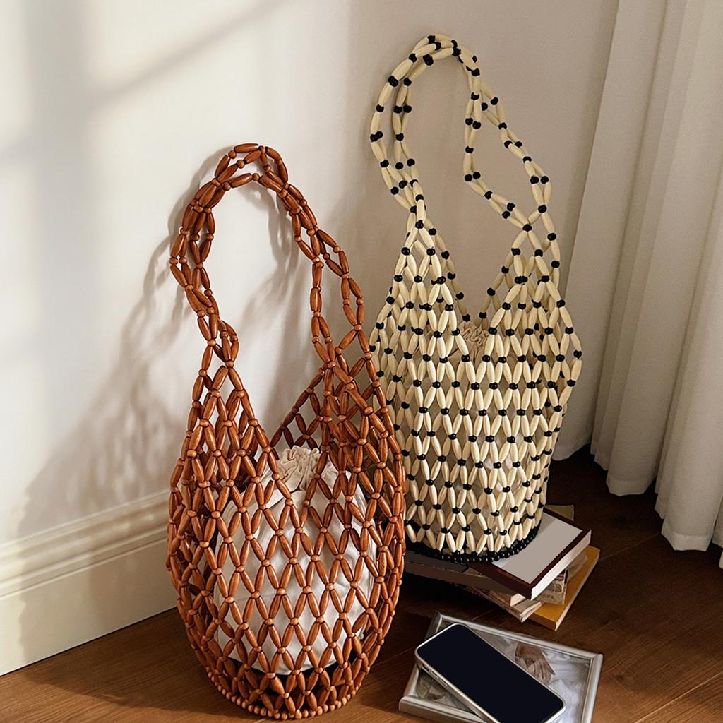 Borsa a Spalla Intrecciata con Perline da Donna Borsa a Secchiello da Spiaggia Traforata Grande Capacità Borse da Sotto Braccio Leggere per Viaggio Lavoro Appuntamenti