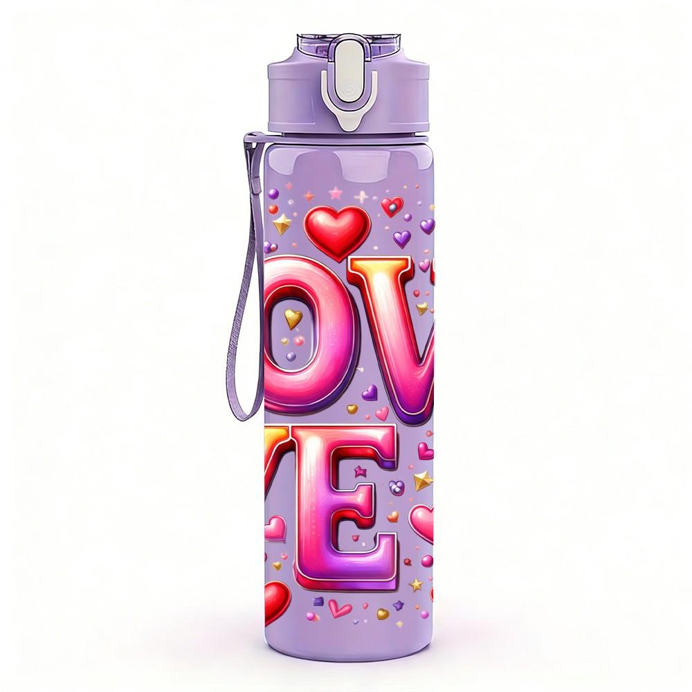 1PC Love Heart Valentine Lettering 750ml Color Plastic Sports Water Bottle Leakproof Flip Straw Lid Suitable for Sports Office Home Use