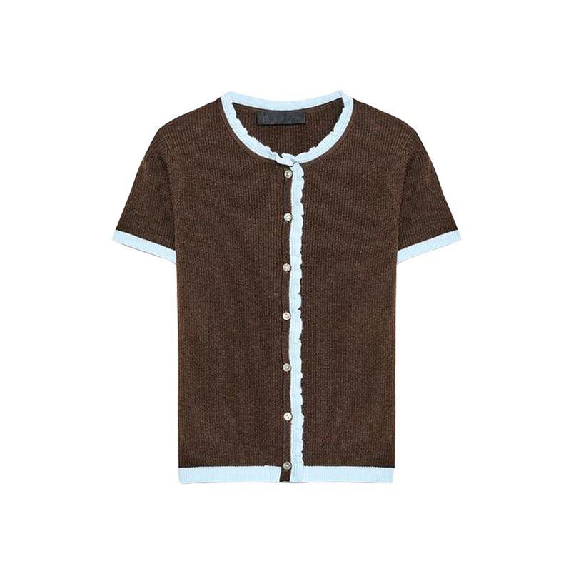 Autumn New Women's Clothing Idle Style Button Decoration Slim-Fit Contrast Colors Knitting round Neck Short Sleeve Jacket 0014114