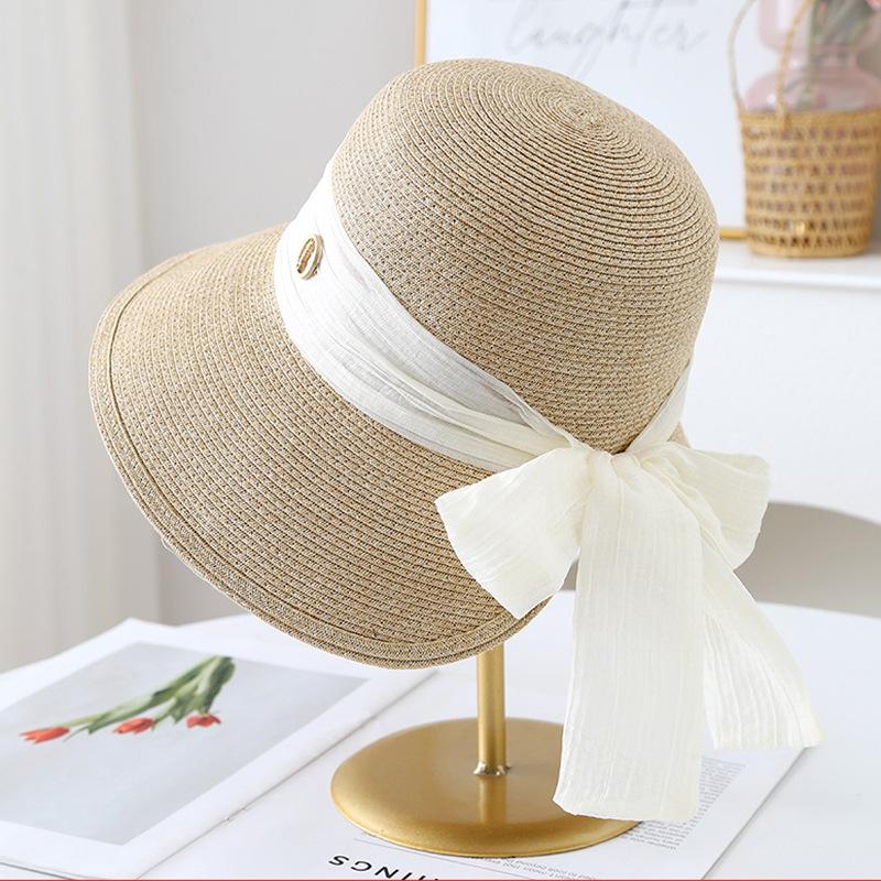 Elegant Webbing Big Eaves Sunshade Straw Hat Women's Summer Leisure Versatile Sunscreen Basin Hat Vacation Bucket Hat