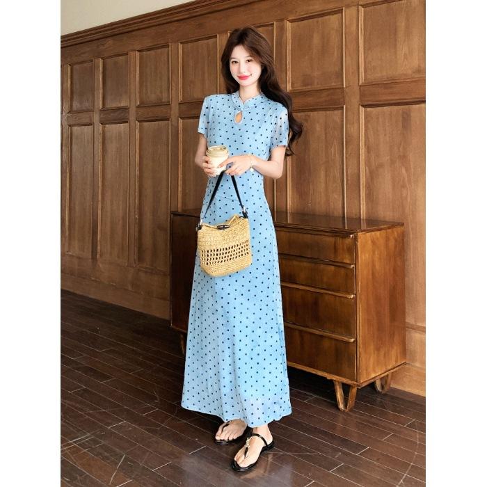 French elegant polka dot dress for women, new summer elegant stand collar, waist-cinching slimming gentle short-sleeved long dress