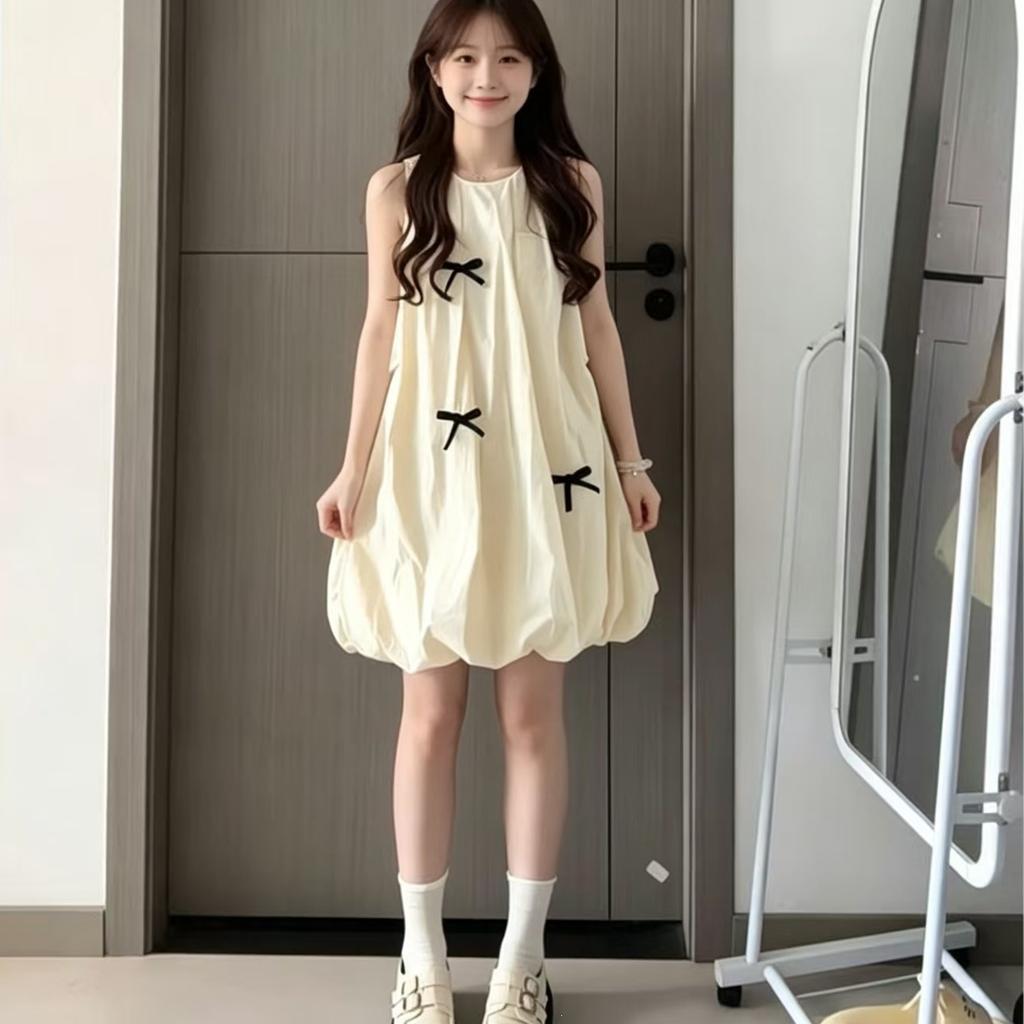Small Sweet Sleeveless Bow First Love Bud Fairy Dress Summer Loose and Skinny Short Skirt