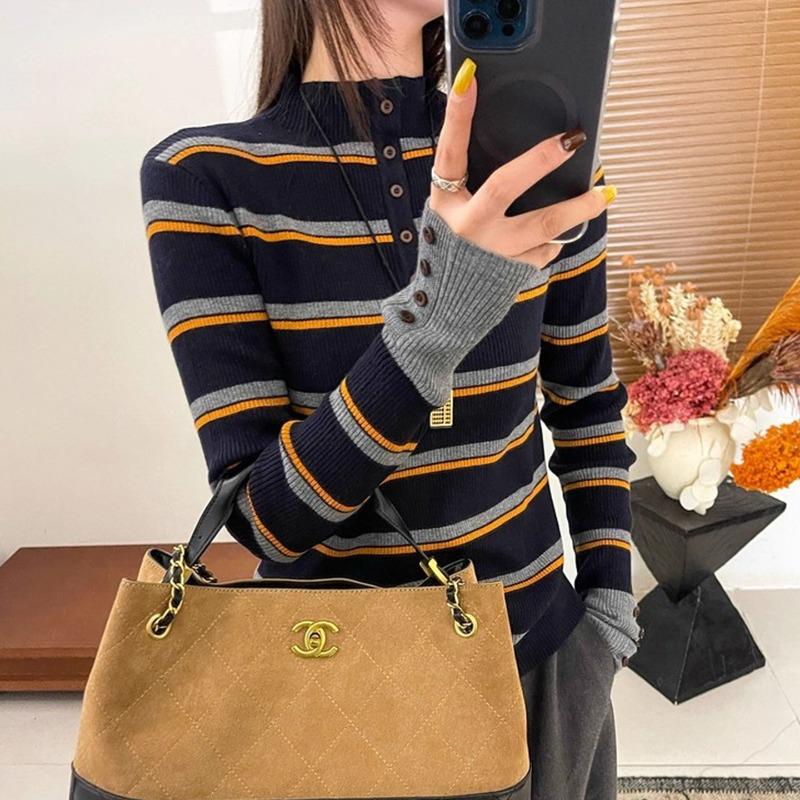 Small Stand-up Collar Stacked with Contrasting Striped Knitted Sweater, Autumn and Winter Button Retro Long-sleeved Top, and Sweater Inside for Women