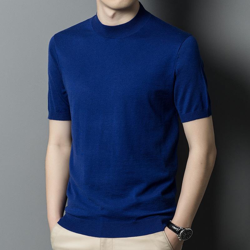 Jarní nový styl vlněný svetr pro muže středního věku tenký s kulatým výstřihem ležérní svetr s krátkým rukávem pánské oblečení