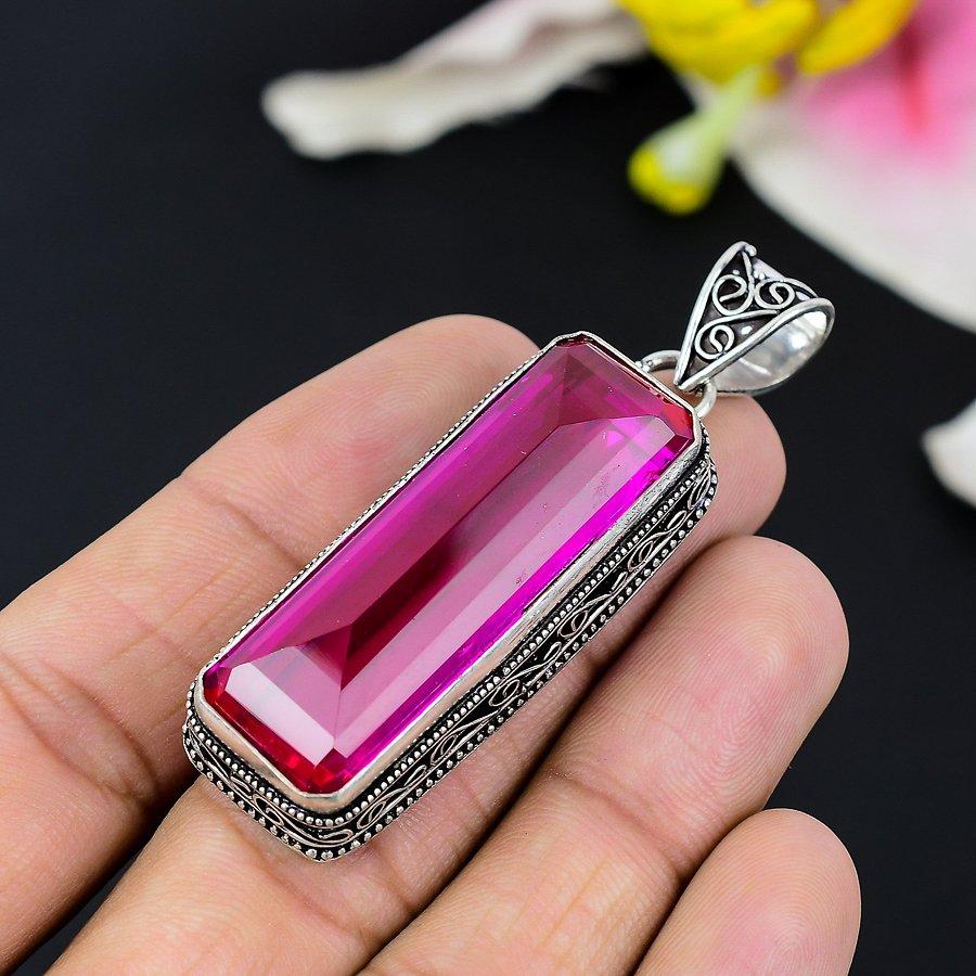 Pink Rubillite Gemstone Handmade 925 Sterling Silver Jewelry Pendant 2.44" KG-98