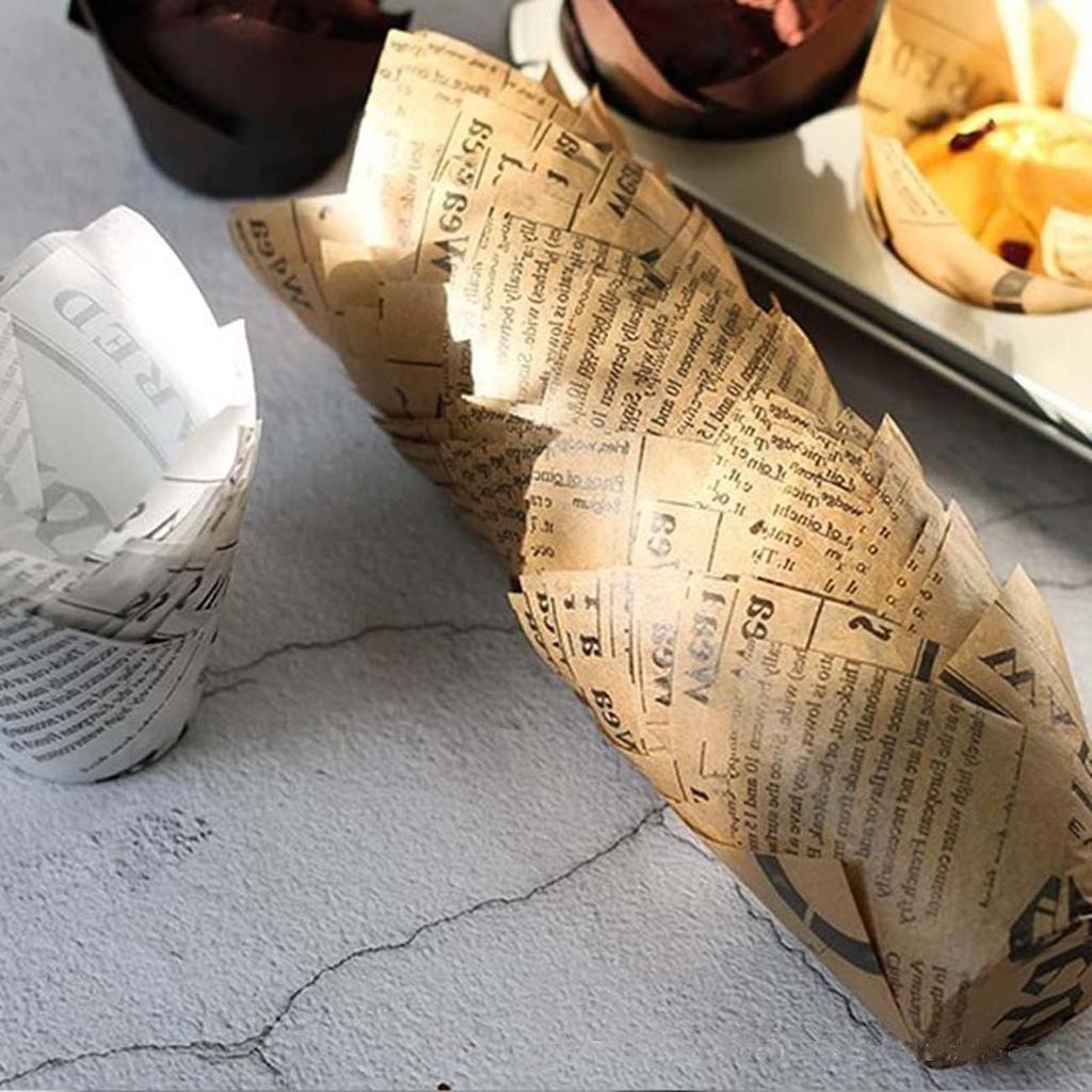 200pcs Tulip Cupcake & Muffin Tins Liners, 2” Standard Newspaper Pattern Paper Baking Cups Nature and White