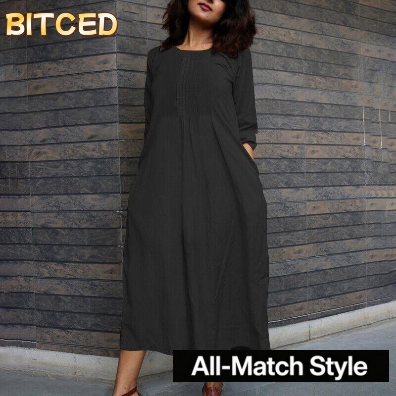 BITCED Fashion Spring Autumn Solid Color Print O-Neck Long SleeveCasual Dresses