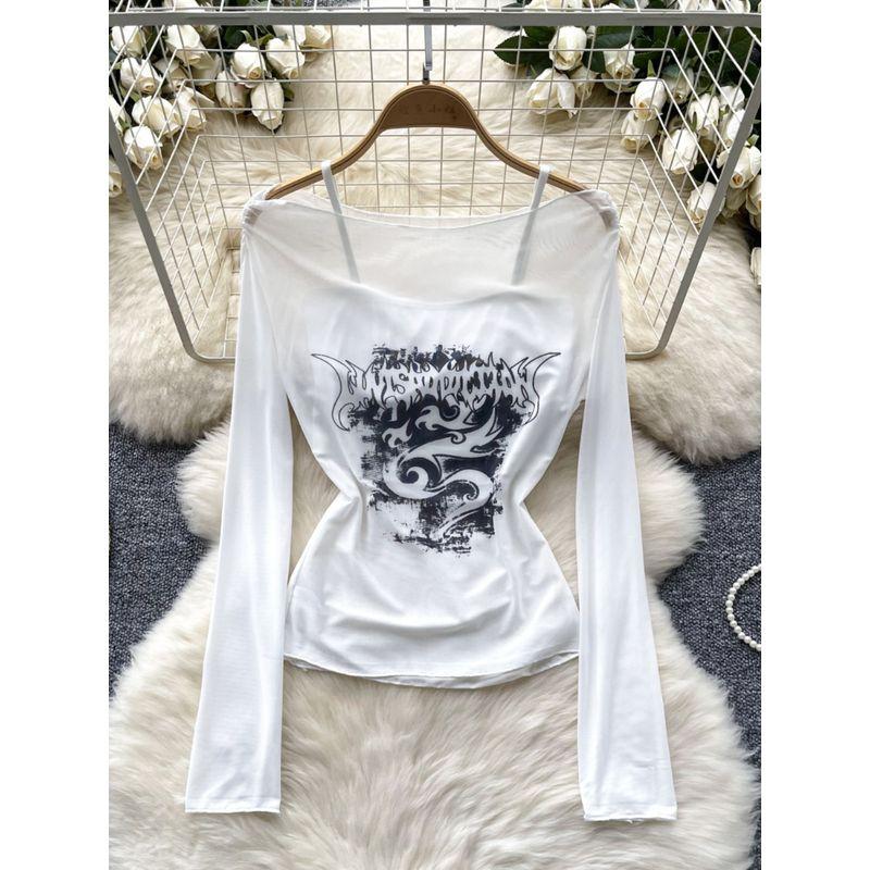 Stylish Bandage Dress Two-piece Set Women's Fashion off-the-Shoulder Long Sleeves Thin Print Mesh T-shirt + Bottoming Shirt Camisole