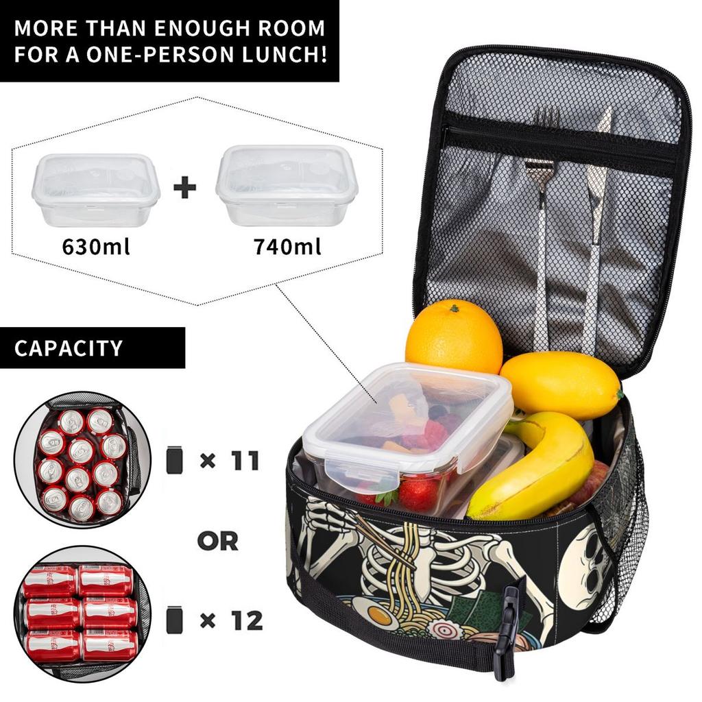 Cartoon Skeleton Eating Ramen Food Halloween Insulated Lunch Bag for Women Children Leakproof Food Boxes Thermal Lunch Box Tote