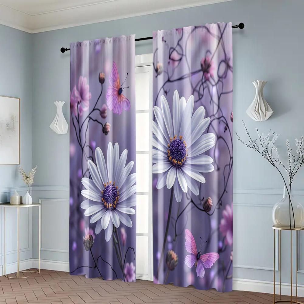 2pcs Romantic Purple Daisy Print Curtains Butterfly and Flower Pattern Polyester Window Drapes for Living Room Bedroom Decor