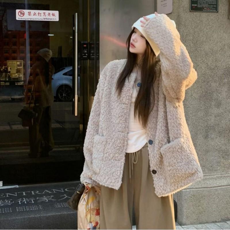 Womens Oversized Fleece Jacket With Suede Trim Loose Fit Vintage Style Coat 2025