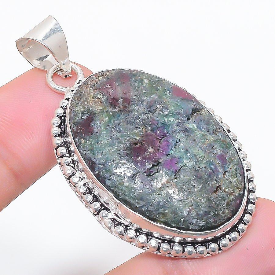 Natural Ruby Fuchsite Gemstone 925 Sterling Silver Jewelry Pendant 2.17" r6e63