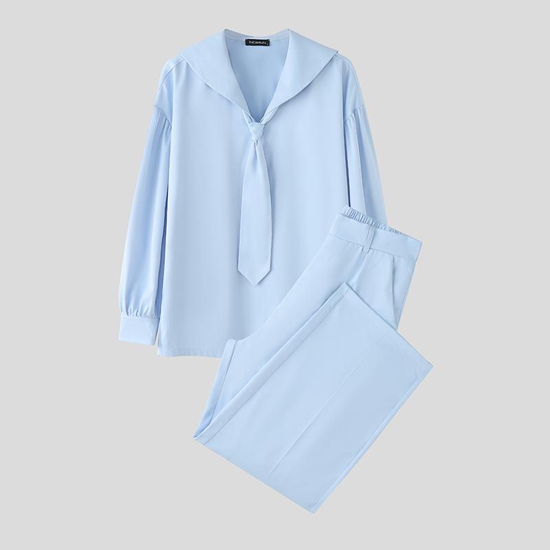 

INCERUN Oversized Men Sets Tie Up Long Sleeve Shirts Long Pants Casual Two Pieces Outfits 5XL синий