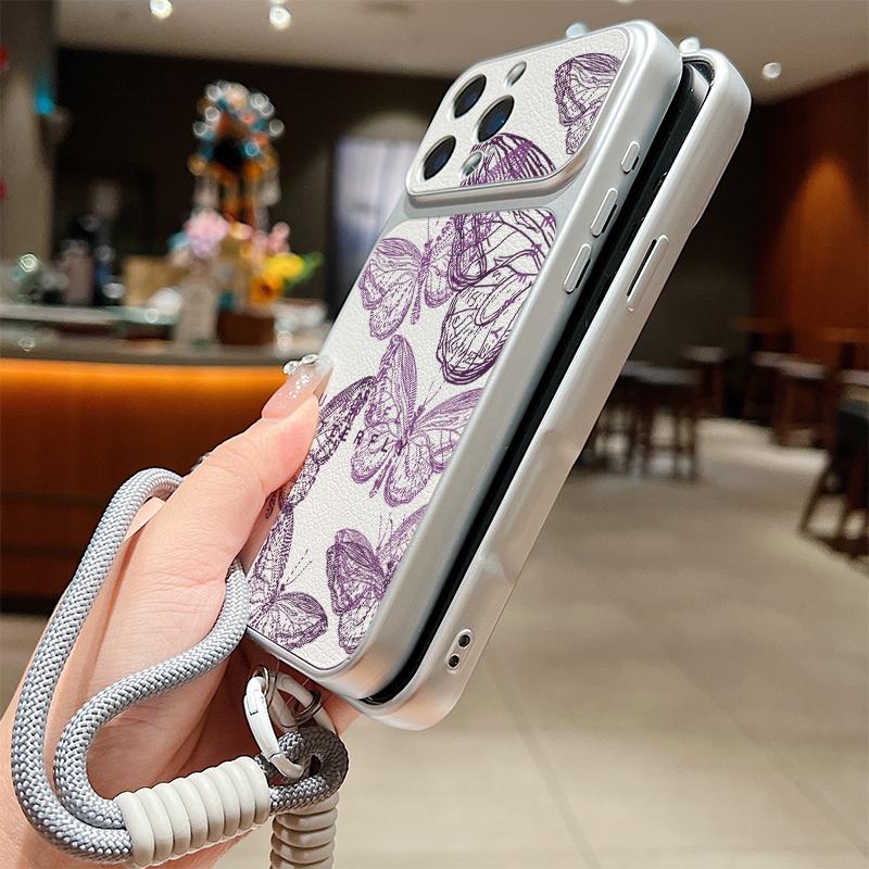 Pink Butterfly Leather Lanyard Case For iPhone 18 Pro Max 17 16 15 14 13 Pro Max Luxury Hybrid TPU+PU Anti-skid Soft Phone Cover