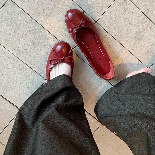 Grape Mother, the Same Oil Wax Feeling Washed Horse Skin, Small Round Head Bow, Shallow Mouth Single Shoes, Women's Versatile Ballet Flats