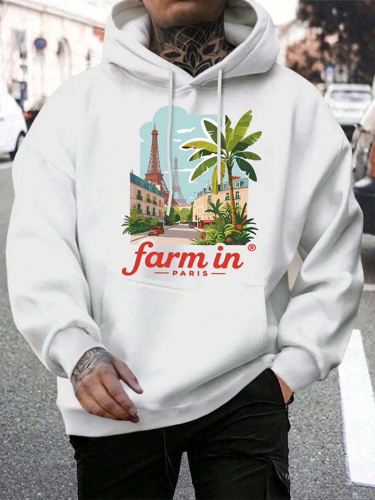 Farm In Pairs Street Scenery Print Men Hoodies Pocket Fleece Sportswear Loose Hip Hop Hoodie All-Match Autumn Man Pullovers