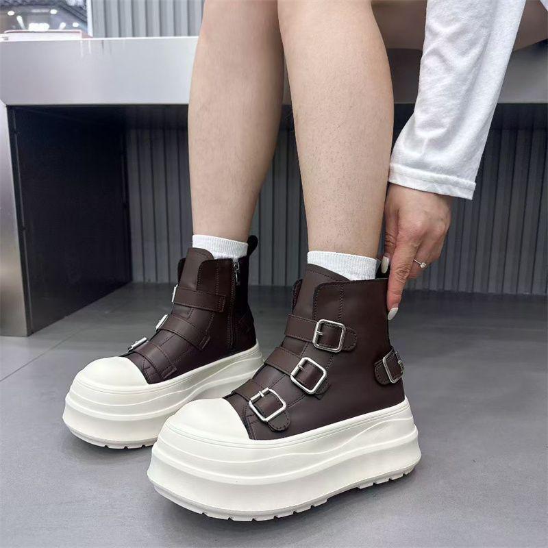 European-Style Genuine Leather Height-Increasing Women's Motorcycle Boots with Thick Sole and Buckle