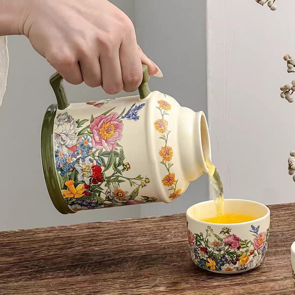 French Half-Summer Flower Blooming Mug With Lid Ceramic Kettle Tea Cup Office Retro Exquisite Cup Souvenir