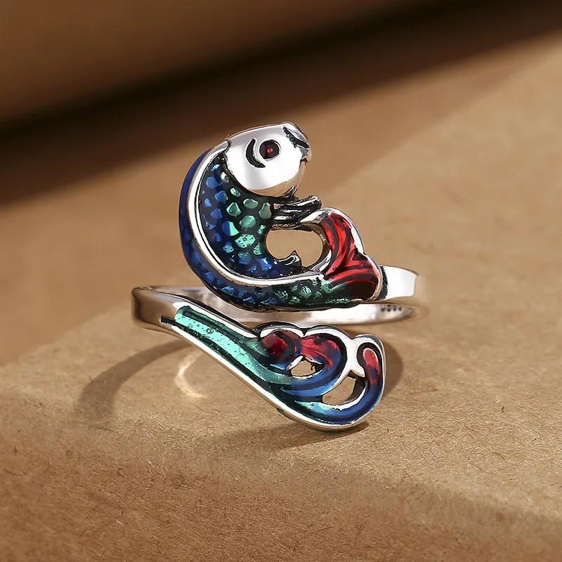 Vintage Ethnic Style Enamel Fired Blue Peony Flower Adjustable Ring for Women  Floral Luxury Party Vacation Jewelry Gifts