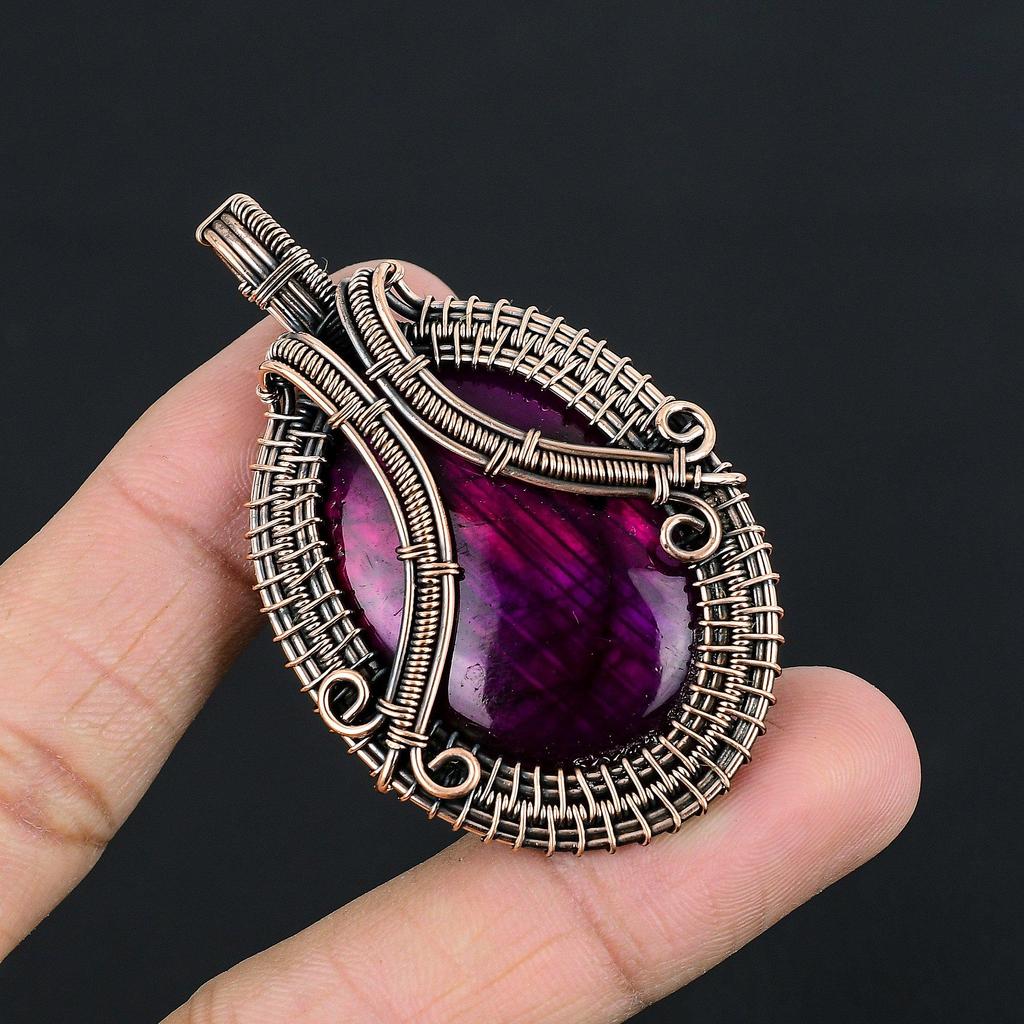 Pinker Flash Labradorit 999 Kupferdraht gewickelter Schmuck, Handgefertigter Wunderschöner Edelstein Schmuck Anhänger für Frauen