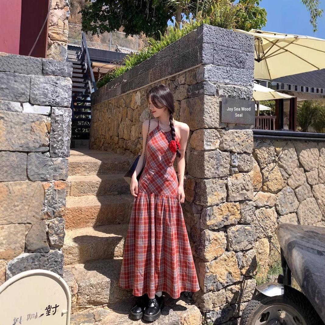 

Summer Gingham Backless Spaghetti Strap Dress M (Premium)