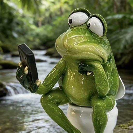 Funny Frog Sitting on Toilet Figurine 3D Resin Green Frog Texting Statue Collectible Animal Sculpture for Bathroom Home Office Tabletop Decor