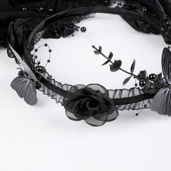 Halloween Headpiece Dark Rose Black Butterfly Veil Headband, Hair Hoop with Beaded Mesh Long Gradient Accessory Tulle for Ghost Bride Cosplay