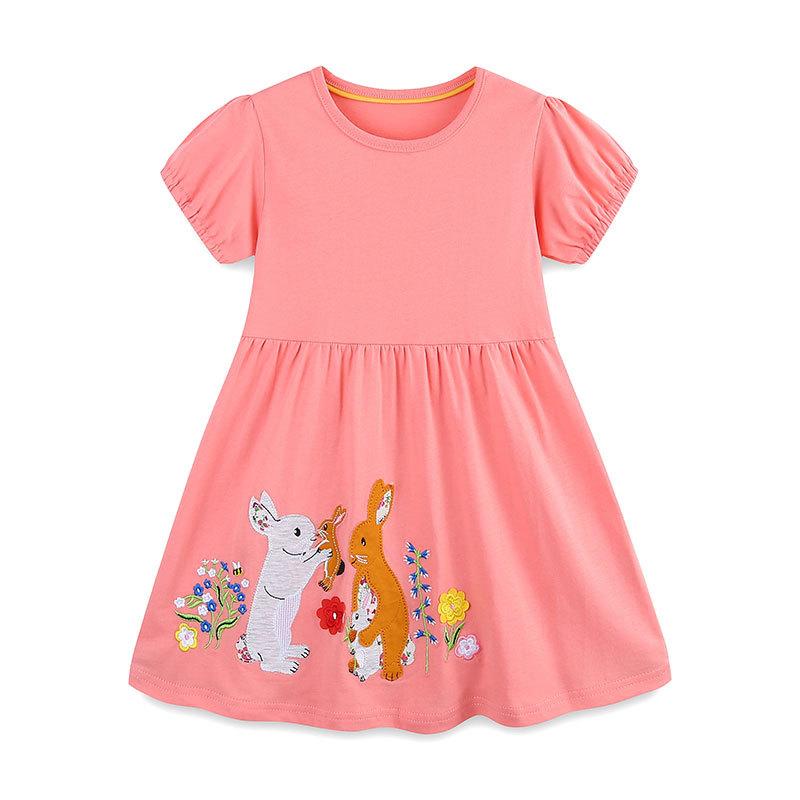 Summer new children s clothing skirt cartoon rabbit embroidered girls short-sleeved dress knitted cotton cute children s princess 2Y(90cm)