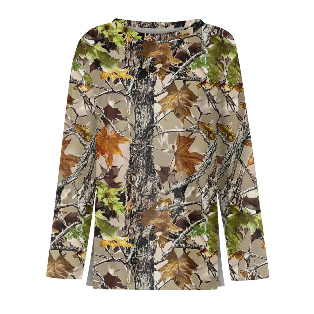 Women's Fashion Hem Split Casual Dead Leaf Print Round Neck Long Sleeve Top