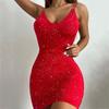 Fashion Womens Summer Sexy Backless Dress Solid Color Sequins Package Hip Suspender Dress