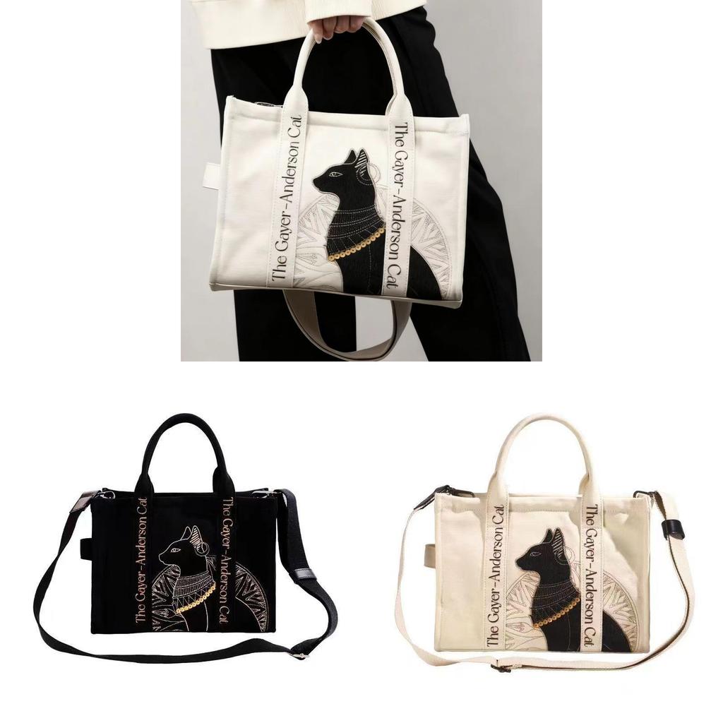 Borsa Tote in Tela Ricamata con Gatto Anderson con Cerniera per Uso Quotidiano