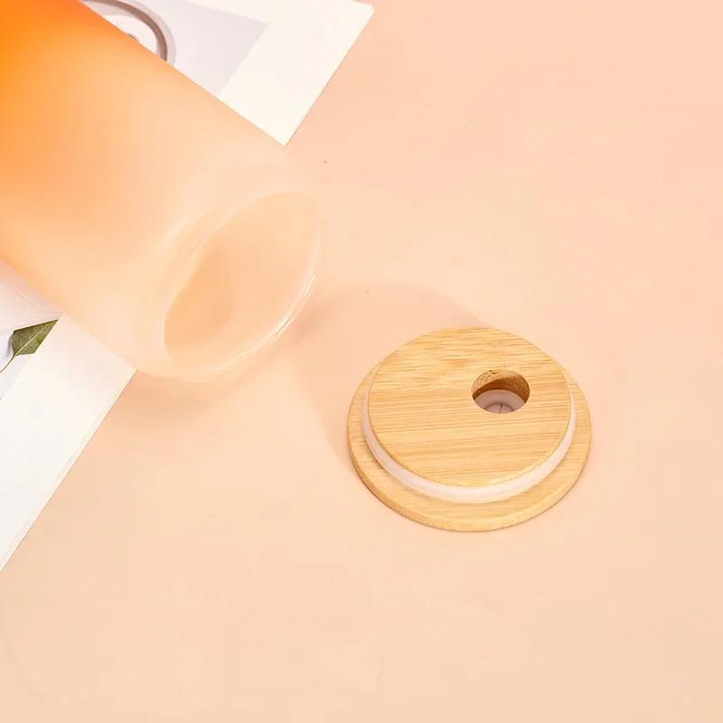 16oz Water Bottle with Straw Juice Glass Beer Can Gradient Color Milk Mocha Cup with Bamboo Wooden Lid Household Drinking Cups