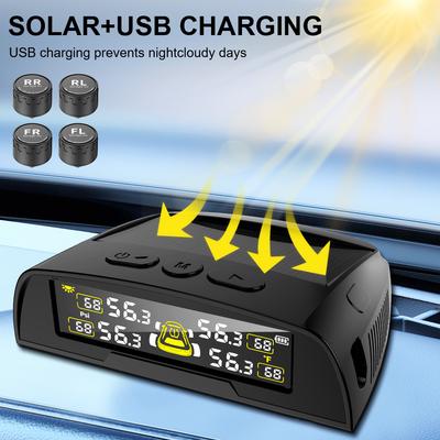 USB / Solcellsdriven TPMS Digital Display Däcktemperaturövervakare 0-6,8 bar 4 Externa sensorer Bil Däcktrycksövervakningssystem Universellt
