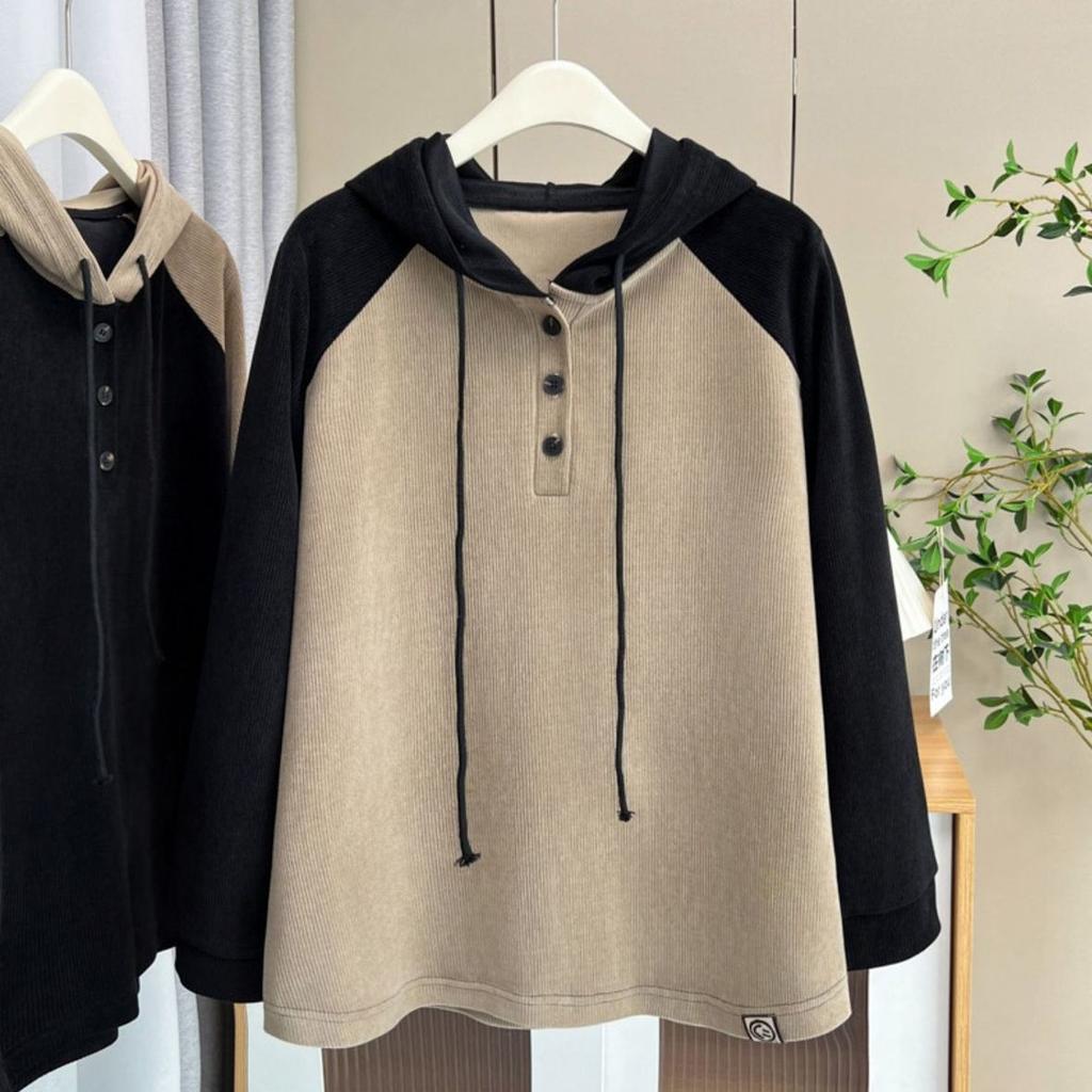 Dámský retro svetr s raglánovými rukávy a kapucí ve větších velikostech, jarní a podzimní spodní vrstva s topem s dlouhým rukávem a bundou